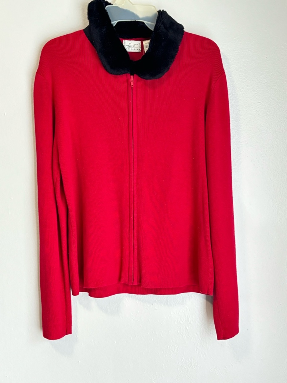 Alfred Dunner Red Zip Sweater with Black Faux Fur Collar